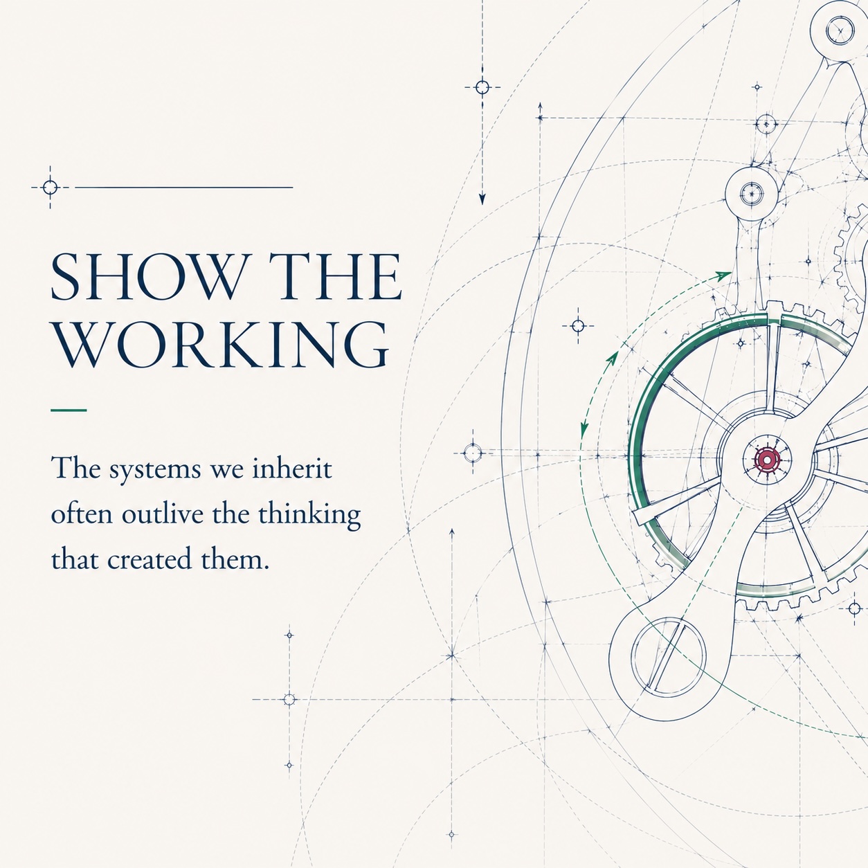 Show the Working: a blueprint of interlocking gears and mechanical systems