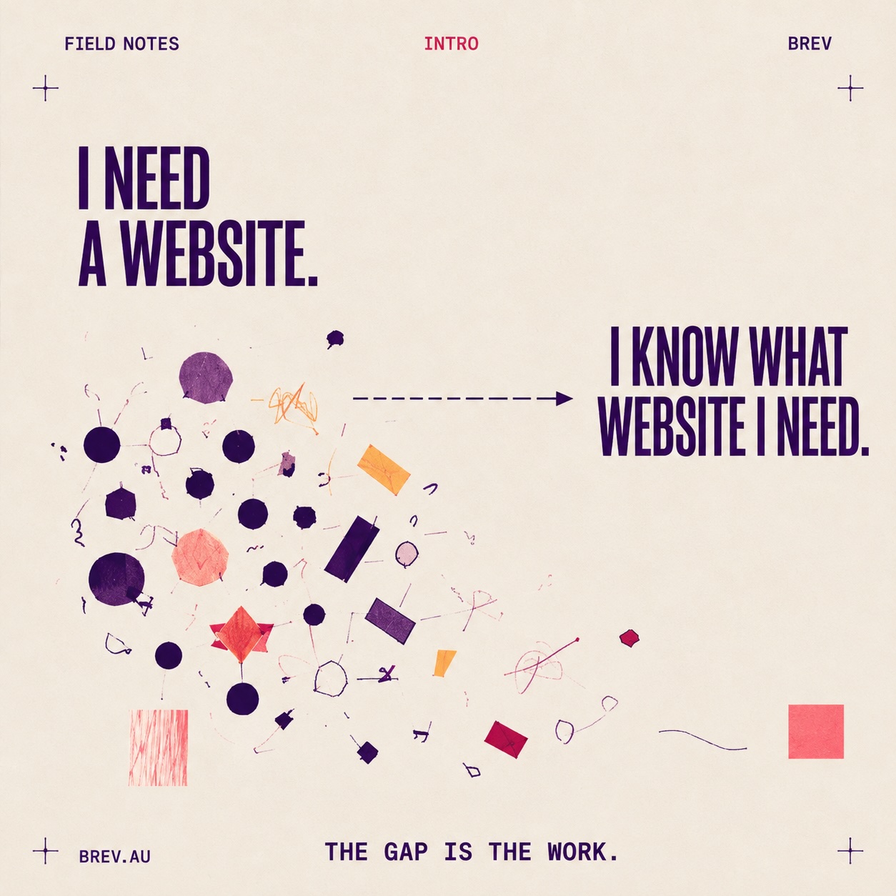 Building a website is still hard: an abstract collage of shapes and marks